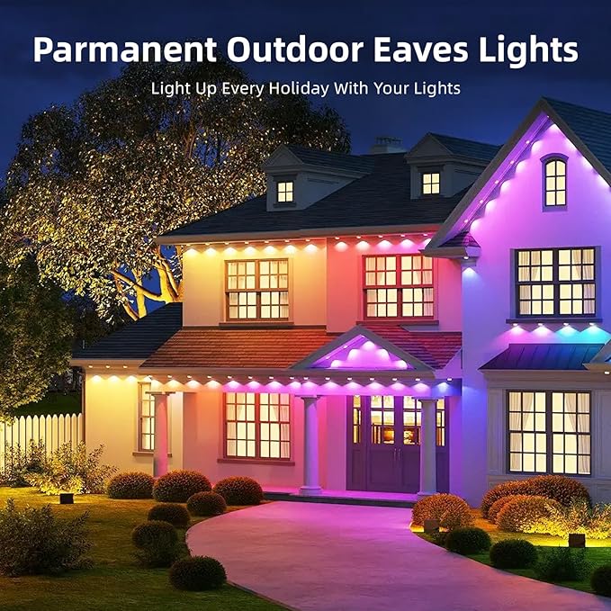 Permanent Outdoor Eaves Lights IP67 Waterproof Smart LED Light with App Control Remote RGB String Lights for Christmas Holiday DIY House Roof Garden Decor Lighting - 100FT