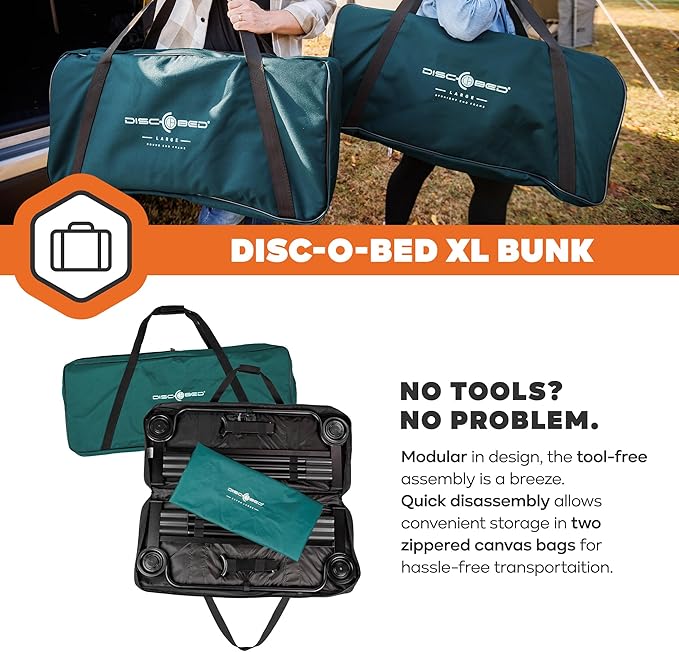 Disc-O-Bed Extra Large Portable Bunk Camping Cots with Carry Bags - Heavy-Duty Indoor or Outdoor Sleeping System Converts to Bench or Separate Beds 500 lb Weight Capacity Per Cot Green