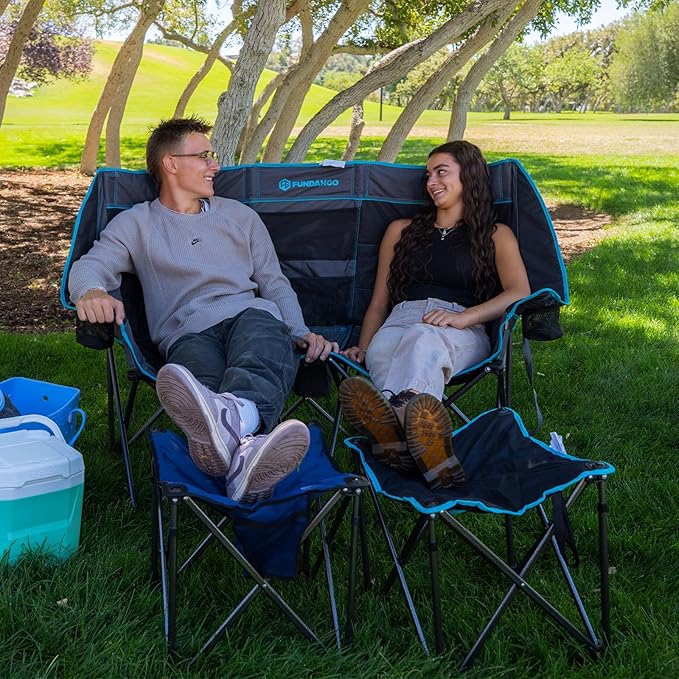 FUNDANGO Extra Wide Double Camping Chair for Adults with Cooler Oversized 2 Person Loveseat Padded Heavy Duty Two Person Folding Lawn Couch seat with Cup Holders for Outdoor Camp Sports &amp Lawn