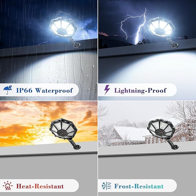 Solar Lights Outdoor - 6500K Solar Street Lights Outdoor Motion Sensor&ampDusk to Dawn Flood Light 168LED 8 Sides 360°Wide Angle Security Flood Light IP66 Waterproof with Remote for Yard/Pool(2 P