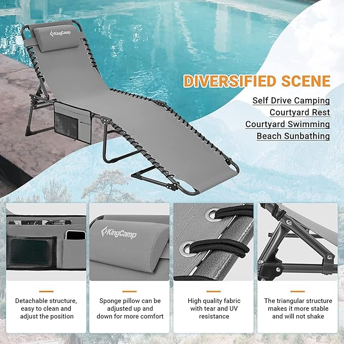 KingCamp Chaise Lounge Outdoor 5-Position Adjustable Patio Lounge ChairFolding Tanning Chair for LawnBeachPool and SunbathingPortable Heavy-Duty Camping Reclining Chair with Pillow (1 Grey)
