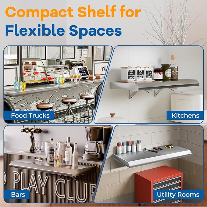 Stainless Steel Folding Shelf 24 x 12 for Food Truck Fold Down Concession Shelf for Serving Kitchen Prep