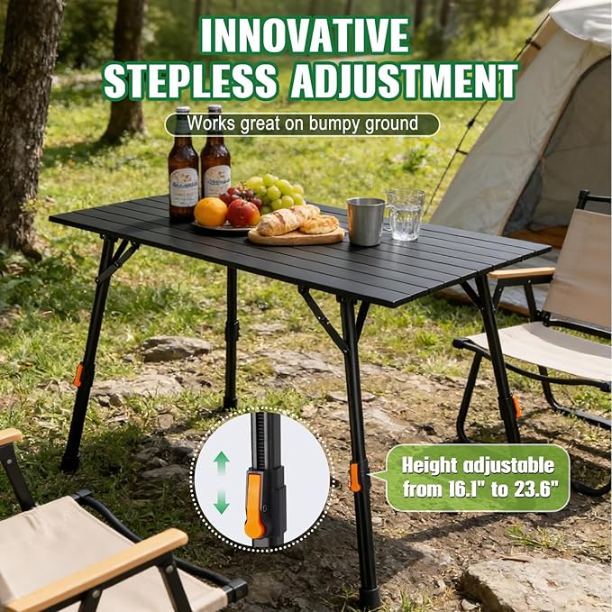 Portable Camping Table Foldable: No-Assembly Aluminum Folding Camping Table with Height Infinitely Adjustable &amp Carry Bag - Camp Table for Camping Picnic Beach RV BBQ