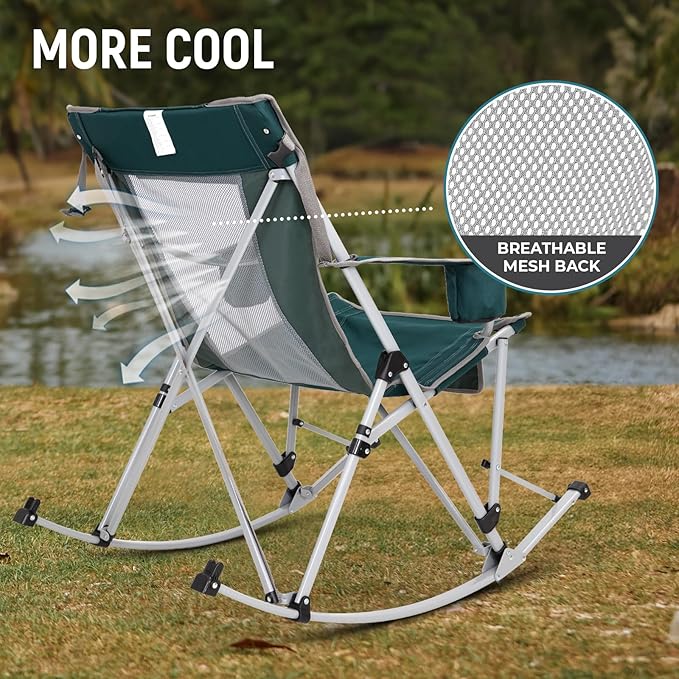 FUNDANGO Rocking Camping Chair 2 Pack High Mesh Back Portable Folding Camp Chairs with Pillows Cup Holder and Carry Bag for Lawn Patio Garden Outdoor Supports 300 Lbs (Green/Grey)