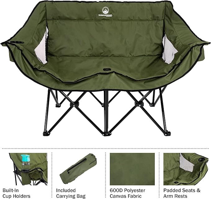 Double Camping Chair - Foldable Portable Couch with 2 Cupholders and Padded Seats - Two-Person Camp Chair with Carrying Bag by Wakeman Outdoor (Olive)