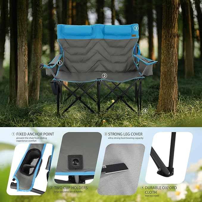 Oversized Double Camping Chair Heavy Duty Camping Loveseat Extra Tall 2 Person Lawn Chair for Adults Foldable Camping Chairs with Cup Holders Perfect for Outdoor Sports Backyard(Bluegray)