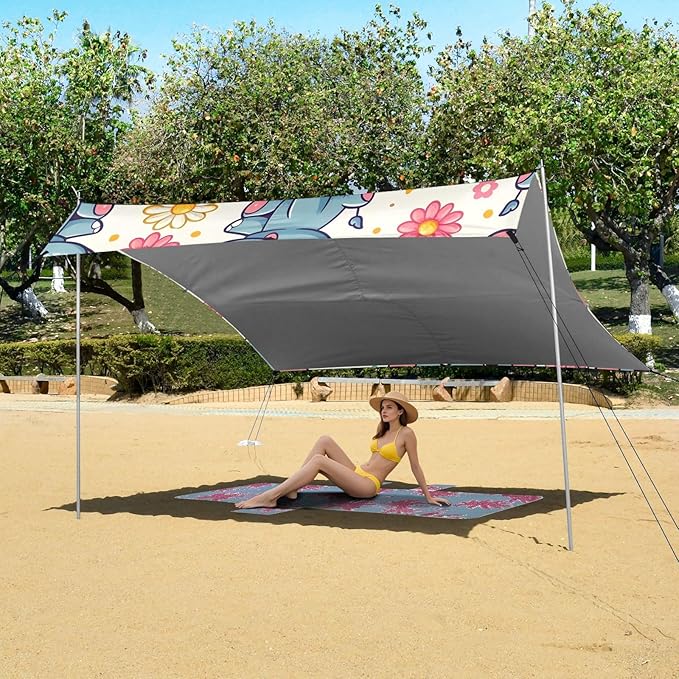 Cute Cartoon Little Elephant Little Daisy Camping Sun Shelter Beach Tent Portable Beach Sun Shade Outdoor Canopy for Camping Trips Fishing Picnic