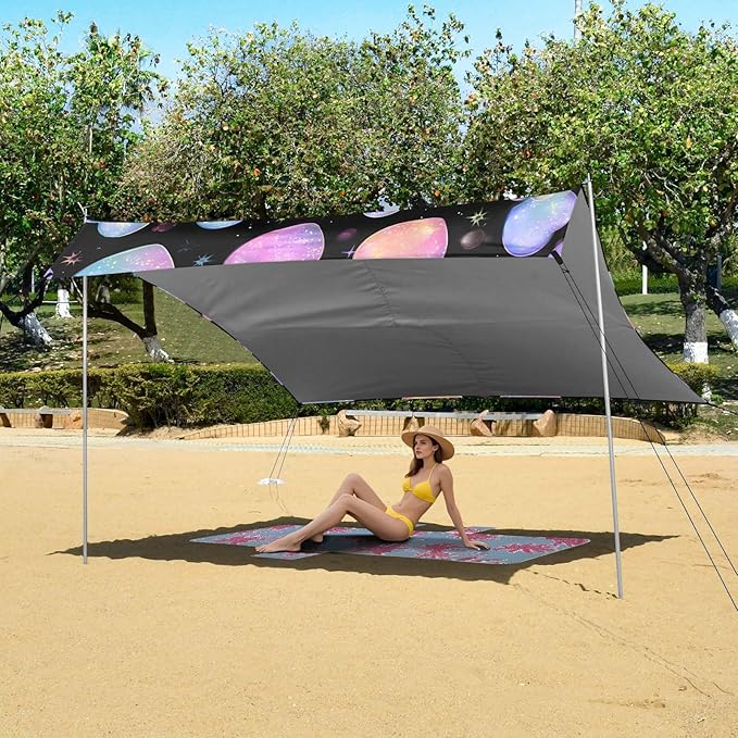 ALAZA Rainbow Heart Bubbles Beach Tent Sun Shelter UPF50+ Protection Beach Shade Canopy w/ 4 Sandbags for Outdoor Camping Fishing Backyard Fun Picnic 10x9 ft