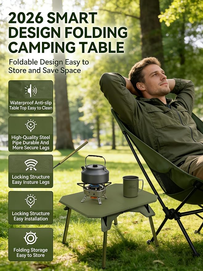 Foldable Camping Table | Adjustable Height Portable Camp Table for Backpacking Picnic &amp Car Travel | Compact Small Folding Table with Carrying Bag &amp Cup Coasters | Camping Essentials