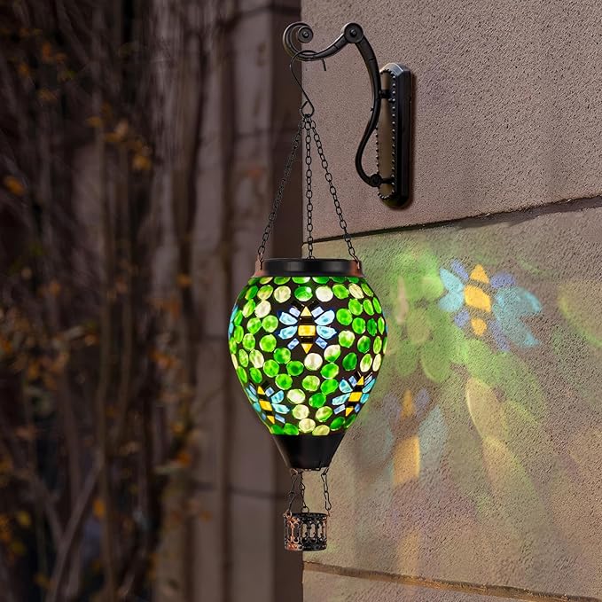 Bee Solar Hot Air Balloon Lantern Outdoor Waterproof Green Mosaic Glass Hanging Solar Lantern Lights Outdoor Hanging Lights for Patio Yard Garden Gift for Mom Grandma Women
