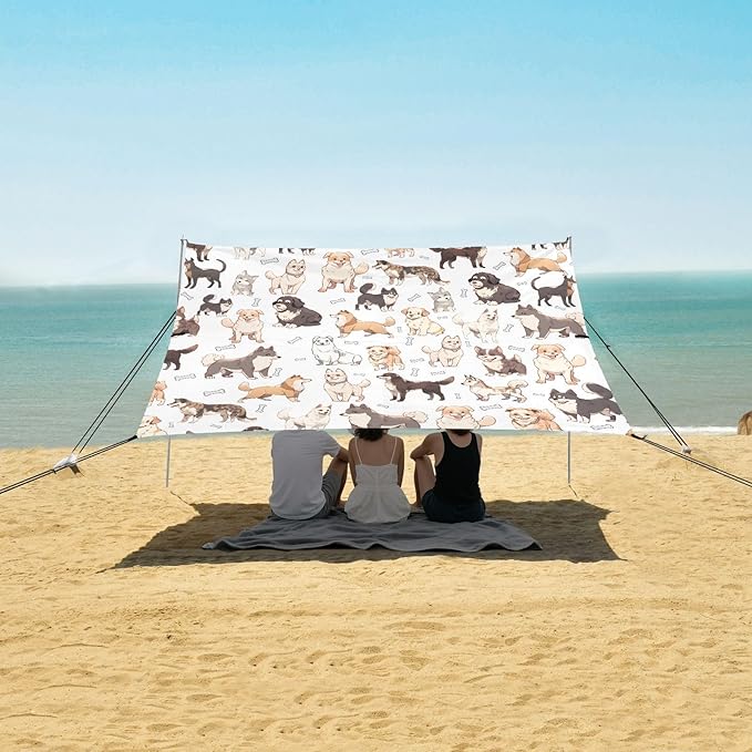 ALAZA Doodle Dog Print Cute Puppies Beach Tent Sun Shelter UPF50+ Protection Beach Shade Canopy w/ 4 Sandbags for Outdoor Camping Fishing Backyard Fun Picnic 10x9 ft