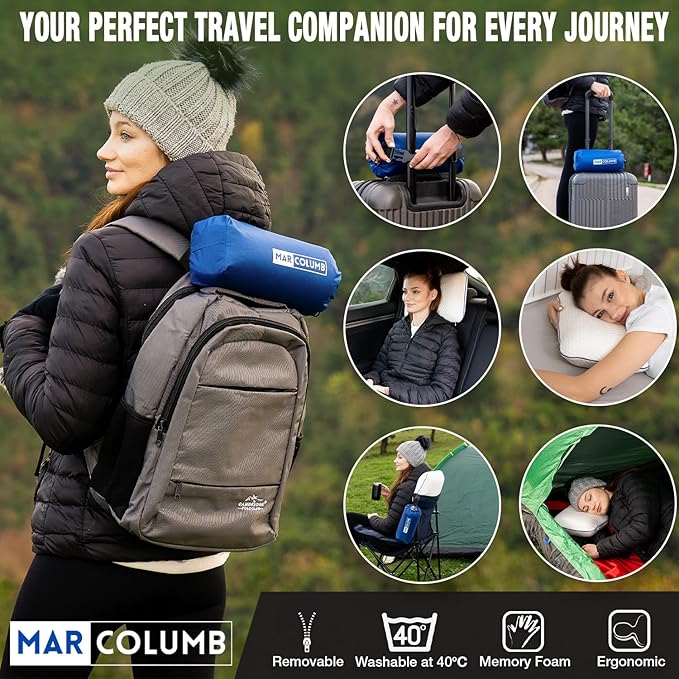 Travel &amp Camping Comfortable Memory Foam Pillow – Easy to Carry Portable Bag – Temperature Regulating Pillow Case - Perfect for Travelling (White)