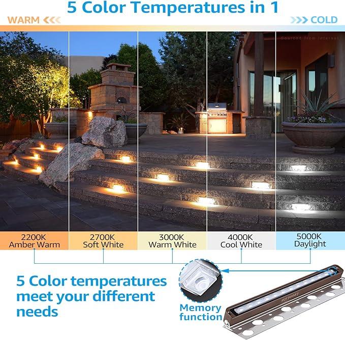 LEONLITE 5CCT 12 Inch Hardscape Lighting Low Voltage LED Swivel 2200K/2700K/3000K/4000K/5000K Selectable Retaining Wall Light 12V 7W LED Hardscape Light Paver Step Lights ETL Listed Pack of 4