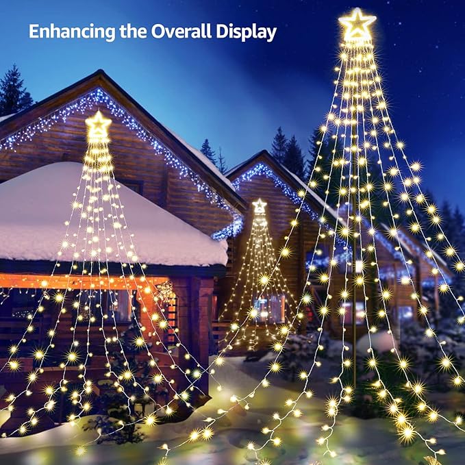 BlcTec Outdoor Christmas Decorations 317 LED Christmas Lights with 9 Strands 11.9ft Waterfall Christmas Tree Lights 8 Modes Waterproof Topper Star &amp Timer for Yard Patio Xmas Décor Warm White