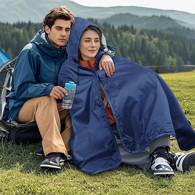 Fleece Waterproof Outdoor Blanket - Windproof Stadium Blanket for Camping Picnics and Sports Stay Dry and Comfortable 80x 58(Hoodeed Blue)