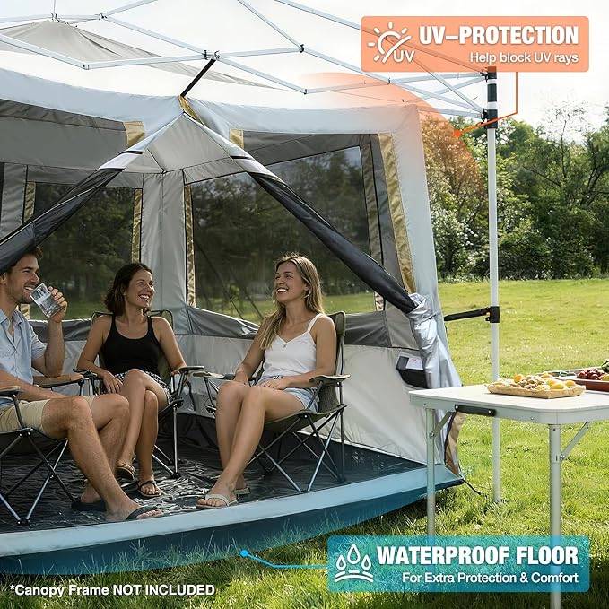 REDCAMP Canopy Camping Tent for Pop Up Canopy Inner Tent with Mesh Window Converts Straight Leg 10ft Canopy into Camping Shelter Fits 4-6 Person Khaki White(Frame/Shelter NOT Included)