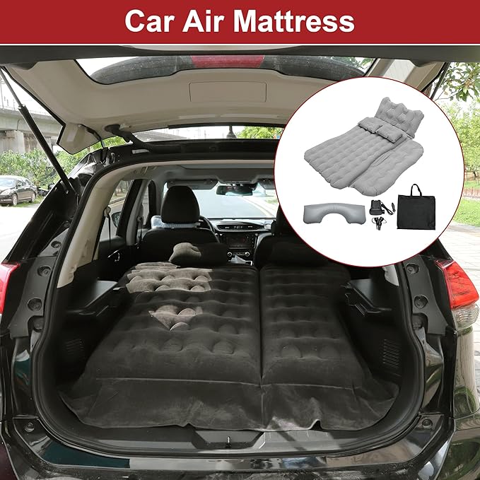 ACROPIX Inflatable SUV Truck Car Air Mattress Back Seat Camping Bed Thickened Car Sleeping Pad for Travel Car Bed SUV Mattress with Car Air Pump and Pillows Gray