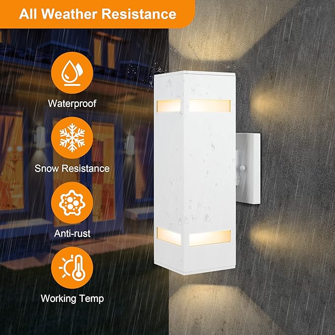 Aluminum Modern Outdoor Wall Lights Exterior Up Down Lighting Square Cylinder Porch Wall Lantern for Entryway Front Door Hallway Garden Matte White Finish [UL Listed]