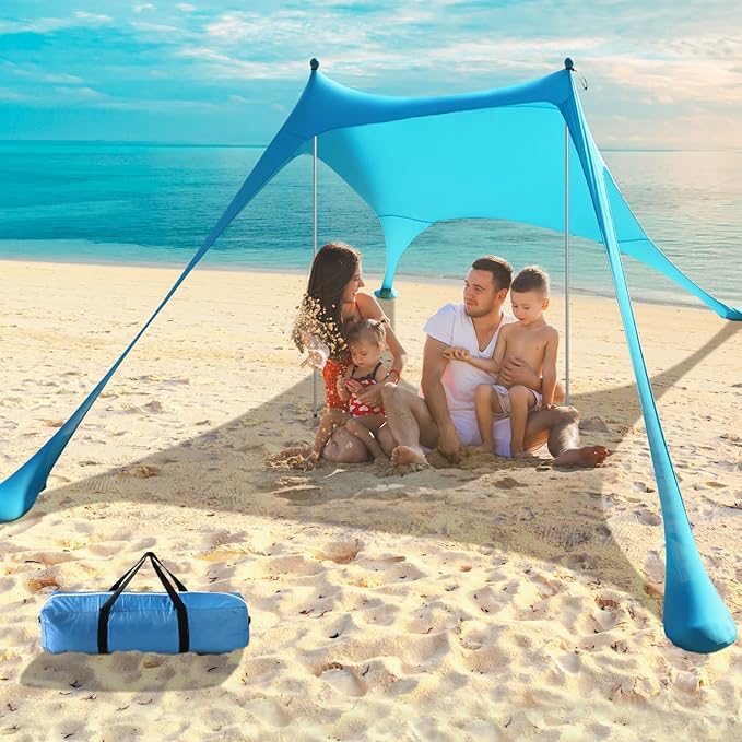 Beach Tent - 9.8 * 6.5 FT Beach Canopy Portable Beach Tent Sun Shelter UPF50 with 4 Sandbags 2 Stability Poles Ground Pegs and Anti-Wind Ropes Outdoor Beach Shade Canopy for Camping Sky Blue