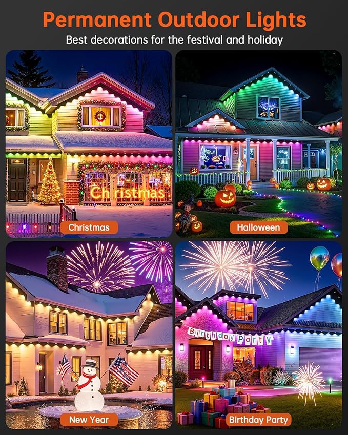 YAYZA! Permanent Outdoor Lights Pro150ft 108 LED Smart RGB+IC+Warm/Cool White Christmas Eave Lights 135lm Music Sync &amp DIY Scenes IP67 Waterproof for Outside Decor Works with AlexaGoogle Rem