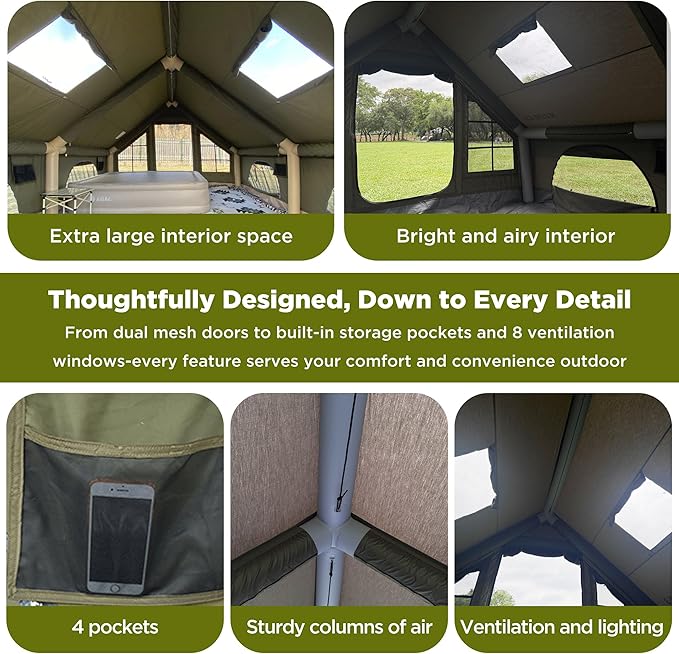 Large Luxury Inflatable Camping Tent Technology Cotton Canvas Tent for 4-6-8-10-12 People | Breathable and Waterproof Tent with Skylight and Stove Jack Suitable for Family Camping of 12 ㎡