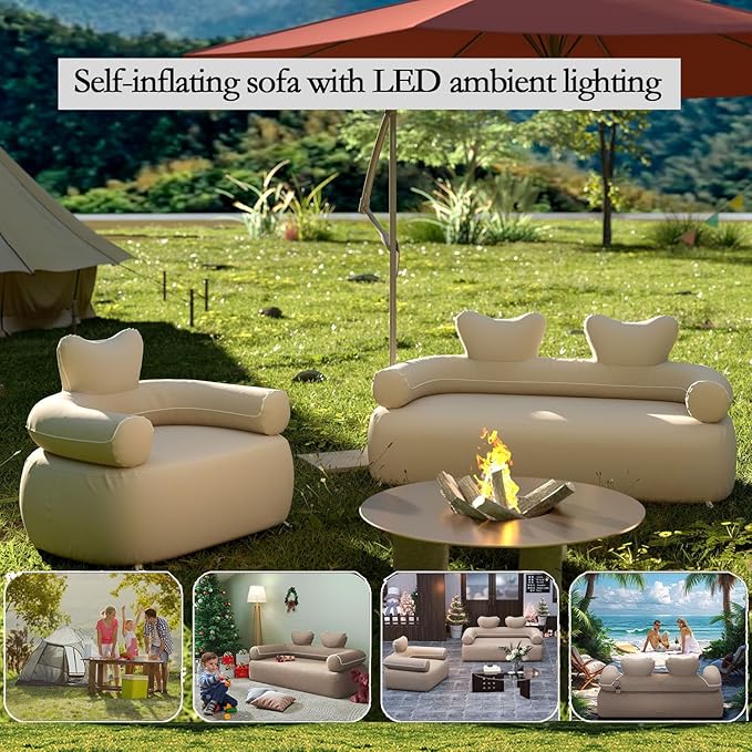 Inflatable Sofa with Built-in Pumpself Inflatable Couch Rechargeable Support 880 lbsAir Sofa for Camping HomeTravelOutdoor (Round Single Sofa Khaki) | Outdoor Camping Sofa Self Inflatable Sofa
