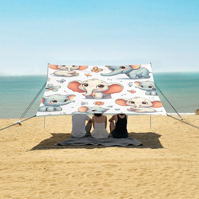 Cartoon Elephant Design Camping Sun Shelter Beach Tent Portable Beach Sun Shade Outdoor Canopy for Camping Trips Fishing Picnic