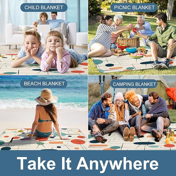 Modern Mid Century Beach BlanketPortable Waterproof Picnic Blanket58.3''x 58.3'' Extra Large Picnic Mat for BeachCamping Grass Lawn Park Accessorie for Festival BBQ