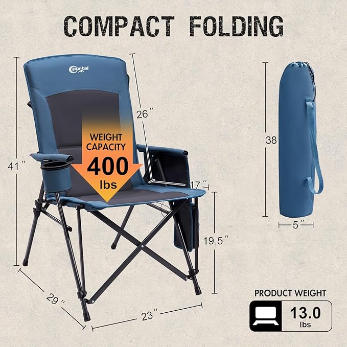 Portal Heated Camping Chairs for Adults Outdoor Sports Oversized Folding Lawn Chair with High Back Heavy Duty 400 Lbs Battery Not Included Blue