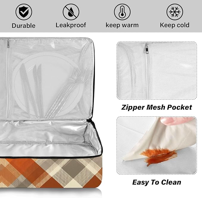 Casserole Carrier Orange Brown Tartan Pattern Insulated Casserole Carrier for Hot or Cold Food Thermal Lunch Tote for Parties Picnic Travel Carry Bag