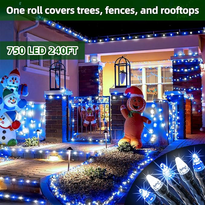 750 LED 240FT Christmas Lights Outdoor12 Lighting Modes Christmas String Lights with Timer Dimmable Blue Cool White LED StringLights Waterproof for Yard Wedding Party Holiday Decor Blue&ampCoolWhit