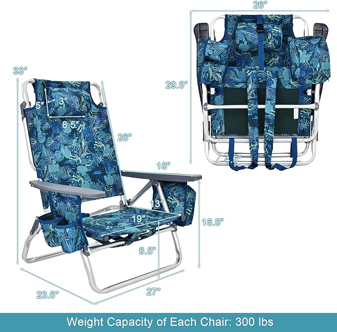 GYMAX Beach Chairs Backpack Camping Chair with Armrest Cooler Bag Cup Holder Towel Bar &amp Side Pockets Sunbath Sling Tanning Lounge Folding Layout Chair (4 Chairs Without Table Blue Leaves)