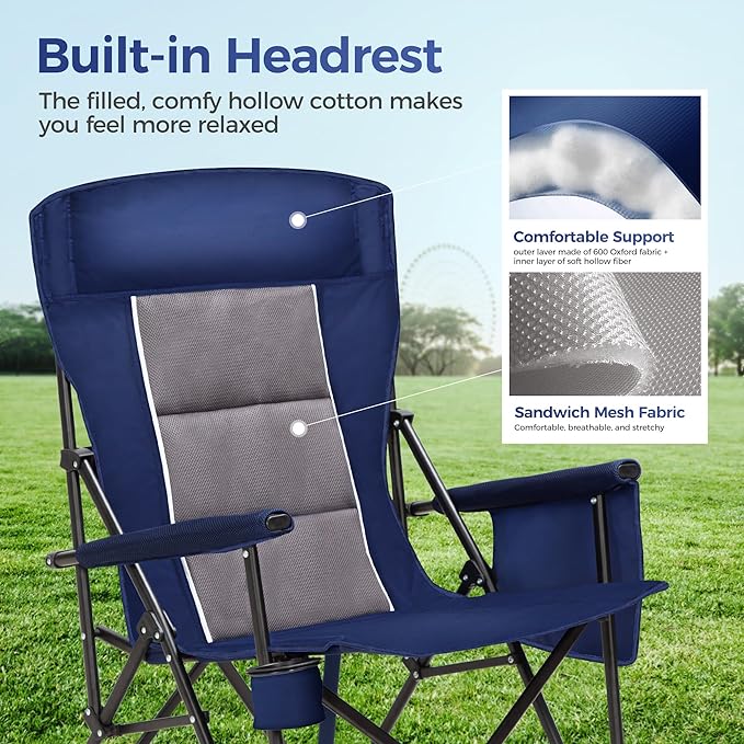 ALPHA CAMP Heavy Duty High Back Camping Chairs with Cup Holder Oversized Folding Chair Outdoor Chair with HeadrestLawn with Side Pocket for Lawn Sports and Fishing 500lbs
