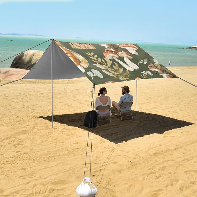 Beach Tent Sun Shelter Cartoon Squirrels Mushrooms Lightweight &amp Easy Setup Beach Shade Canopy for Camping Fishing