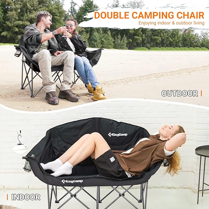 KingCamp Double Camping Chair Oversized Heavy Duty 550lbs Loveseat for Adults Portable Folding XL 2 Person Couch Padded Comfortable Two Seat with Cup Holder for Outdoor Lawn Backyard Black