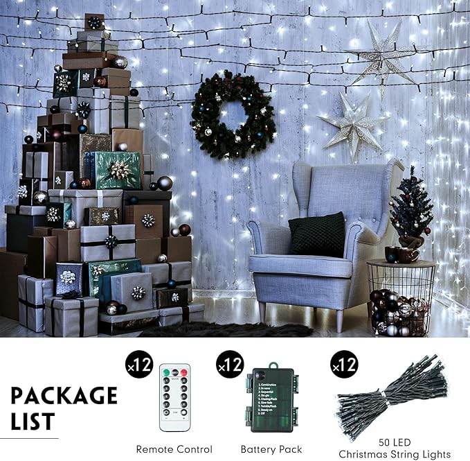 Tuanse 12 Pack Battery Operated Outdoor Christmas Tree String Lights16.4 ft Mini Light Outdoor Christmas Lights with 50 Led of Dark Green Cable Lighting for Bedroom Garden Yard (White Light)
