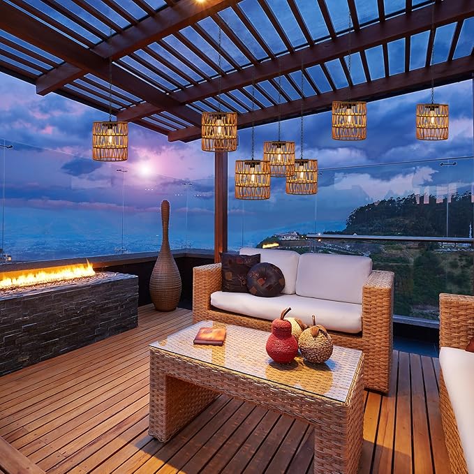 Livinlarge Solar Chandelier LanternOutdoor Rattan Pendant LightsWaterproof Boho Hanging Lamps with Edison Bulb for Gazebo Tree Porch Yard Porch Patio Garden Backyard Decor