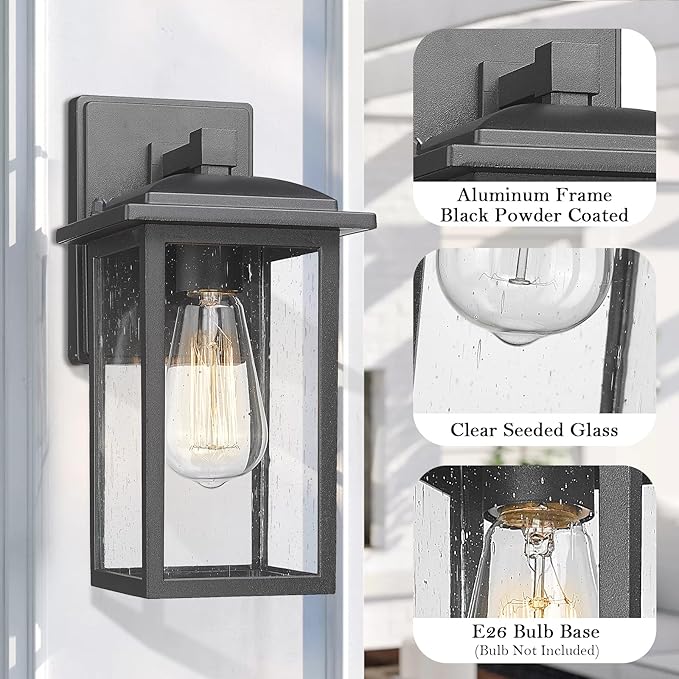 Outdoor Wall Sconce 1 Pack Exterior Light Lantern Fixture Porch Lights Lamp Outdoor Wall Mounted in Black Finish with Seeded Glass for House Garage Patio Yard Garden
