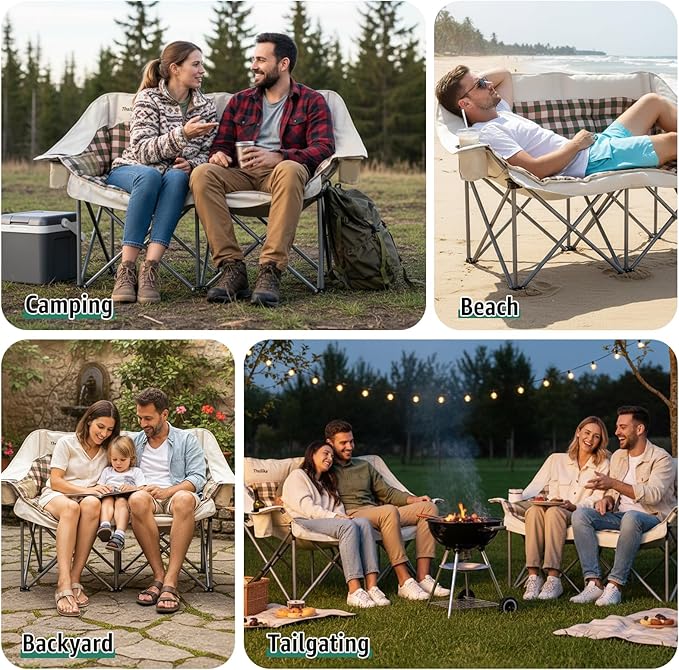 Double Camping Chair Oversized 2 Person Camp Chairs with Cup Holders Side &amp Backrest Mesh Pockets Padded Loveseat Camping Chair Foldable for Outdoor Lawn Backyard Beach Support 800LB