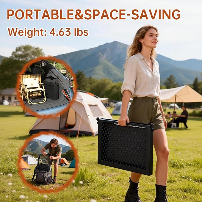 Folding Campfire Grill grate Compact Height-Adjustable Fire Pit Grilling Grate Heavy Duty Swivel Over Fire Cooking Grate with Handbag for Outdoor Camping Hiking Backpacking and Family Gatherings