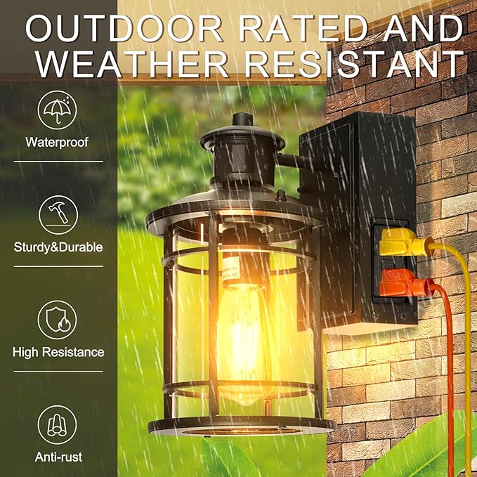 OKELI Retro Industrial Black Outdoor Wall Lights with GFCI Outlet - Dusk to Dawn &amp Motion Sensor Porch Light 3 Modes Waterproof Anti-Rust Exterior Sconce for PorchGarage Patio House
