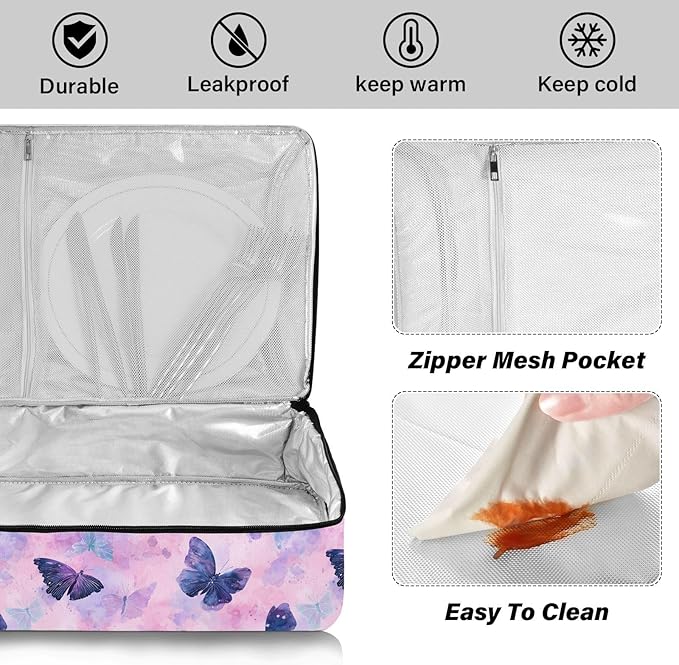 Casserole Carrier Blue and Purple ButterflyInsulated Casserole Carrier for Hot or Cold Food Thermal Lunch Tote for Potluck Parties Picnic Beach Fits 9 x 13 Inches Baking Dish