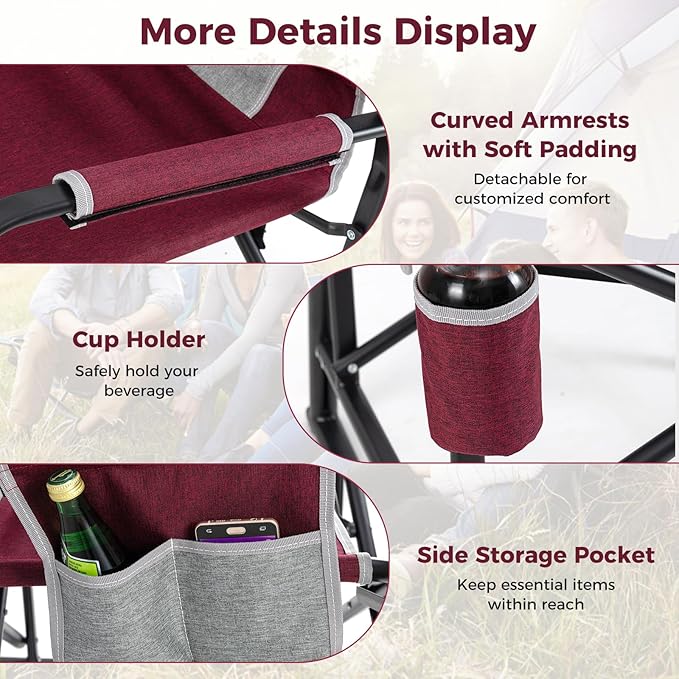 Goplus Outdoor Rocker Camping Chairs for Adults Portable Folding Chair w/Dual Springs Padded Back Cup Holder Storage Pocket Heavy-Duty Rocking Arm Chair for Beach Lawn Travel Fishing(2Wine)