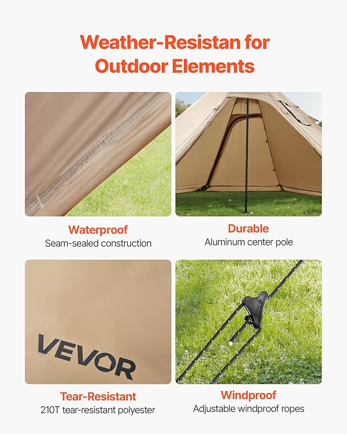 VEVOR Hot Tent Camping Tipi Hot Tents with Stove Jack Portable Winter Camping Tents with Snow Skirt Easy Setup Waterproof 4 Season Shelter Tents for Fishing Backpacking