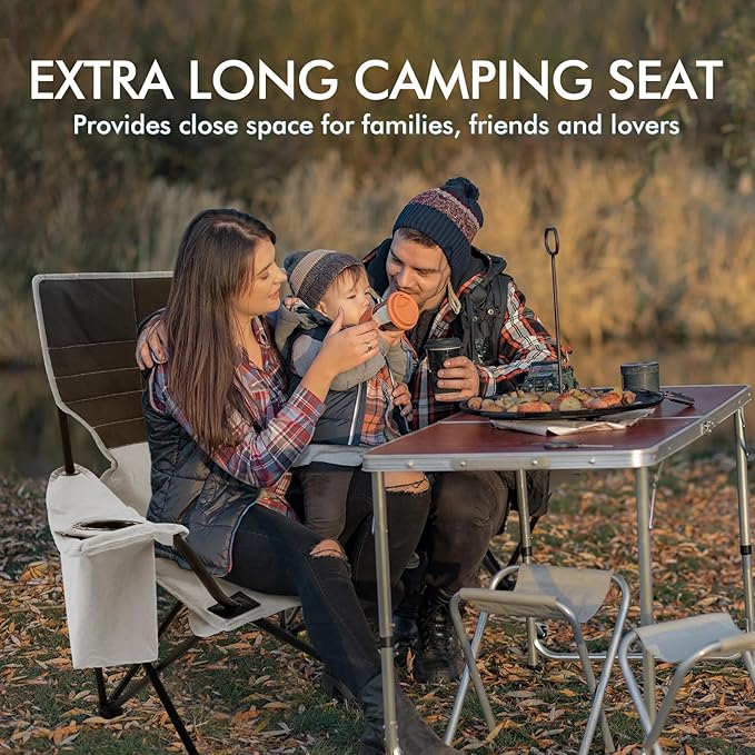 Double Camping Chair for Adults Folding Loveseat 2 Person Camping Couch with Cooler Bag Heavy Duty Oversized Lawn Chair Support 550 lbs for Outdoor Sports Fishing Beach Travel Picnic Gray