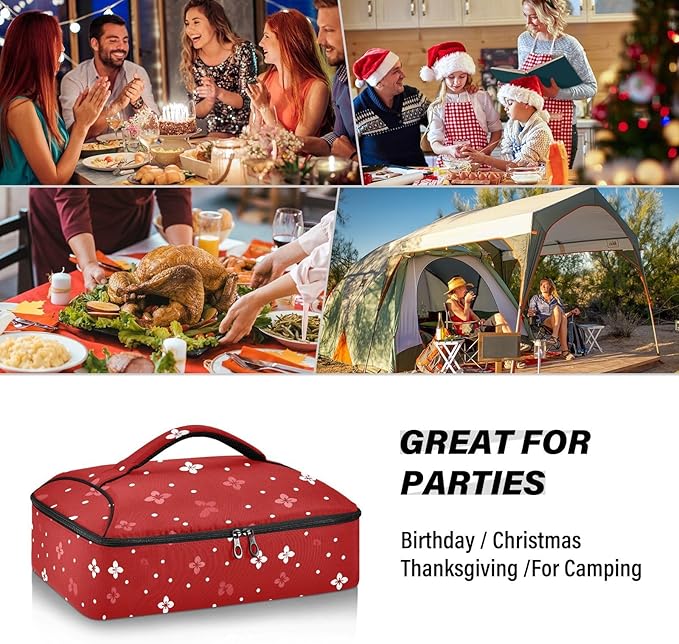 Casserole Carrier Red FlowersInsulated Casserole Carrier for Hot or Cold Food Thermal Lunch Tote for Potluck Parties Picnic Beach Fits 9 x 13 Inches Baking Dish