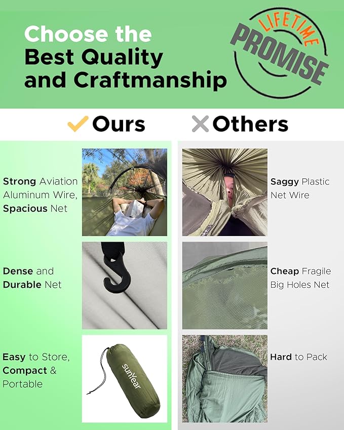 Sunyear Camping Hammock with Net - Double&ampSingle Hammock with House-Like Net- Easy Setup &amp Pack Lightweight &amp Portable Perfect for Hiking Backpacking Outdoor Sleeping