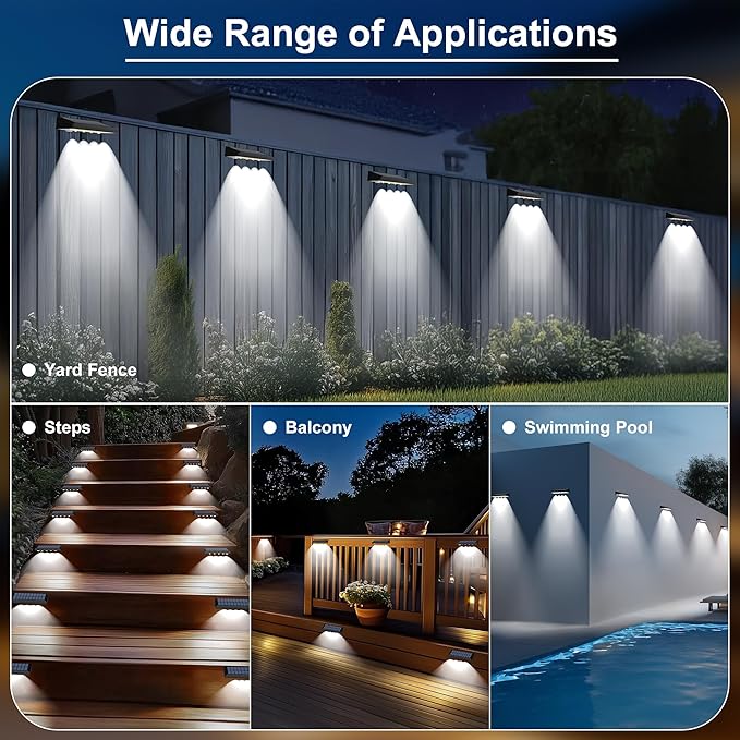 Solar Fence Lights Outdoor Waterproof IP65 8 Pack Fence Lights Solar Powered 60 Lumens Auto On/Off Step Wall Lights Outside Decorations for Yard Porch Patio Stairs Pool Deck Garden-White Light