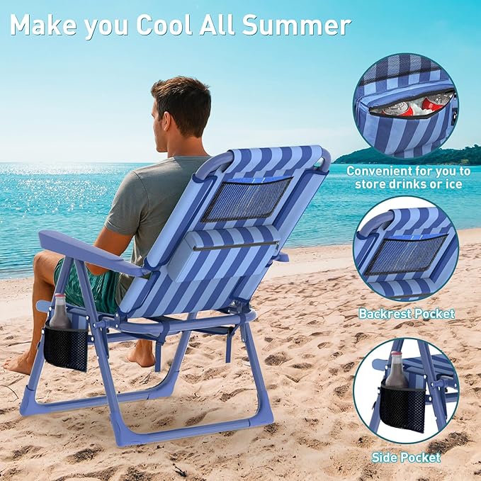 Suteck Backpack Beach Chairs for Adults 2 Pack 6-Position Folding Reclining Chair with Cooler Bag &amp Cup Holder Lightweight Portable Beach Chair for Camping Outdoor Sand Travel Use