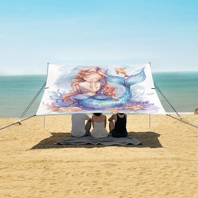 ALAZA Cartoon Mermaid Watercolor Beach Tent Sun Shelter UPF50+ Protection Beach Shade Canopy w/ 4 Sandbags for Outdoor Camping Fishing Backyard Fun Picnic 10x9 ft